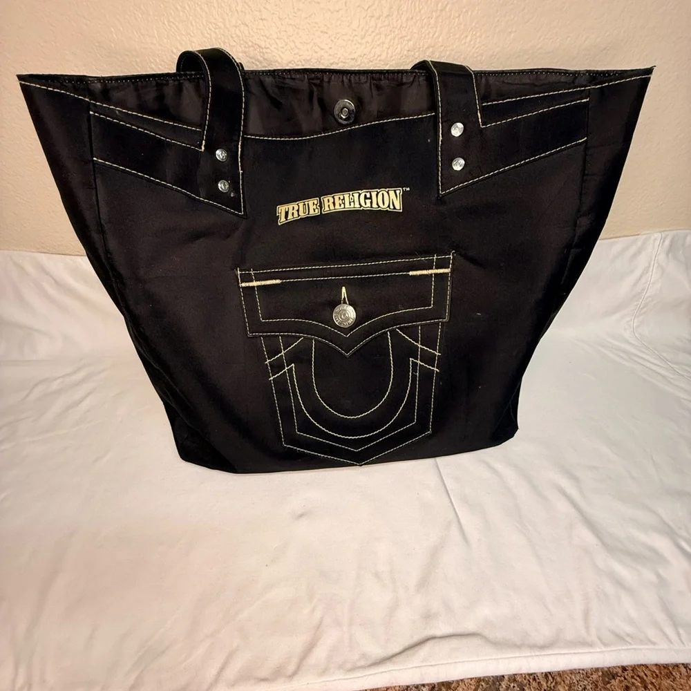 True Religion Black Tote Bag Double Stitch Horseshoe Pocket Snap Closure